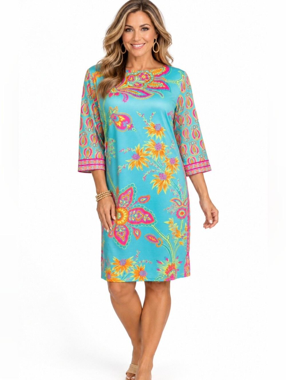 Gretchen Scott Dress Size Large Blooming Party Mystic Turquoise Floral Stretch